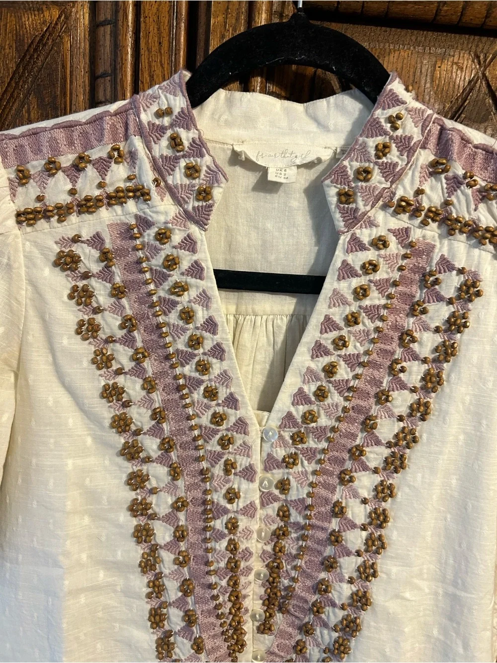 Anthropologie White Embroidered V-Neck Blouse with Pink & Gold Trim